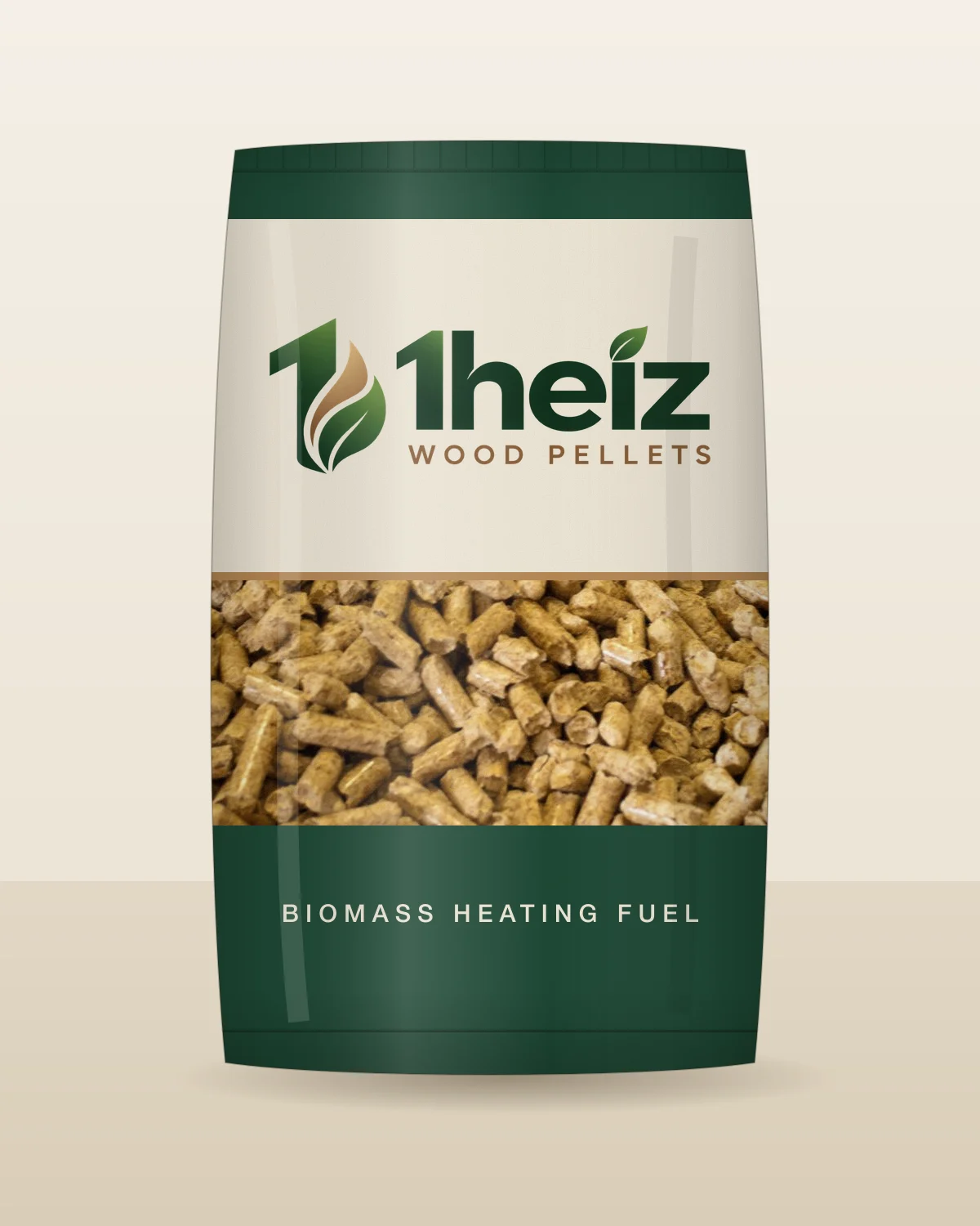 Concept mockup of a pellet bag carrying the 1heiz Wood Pellets logo