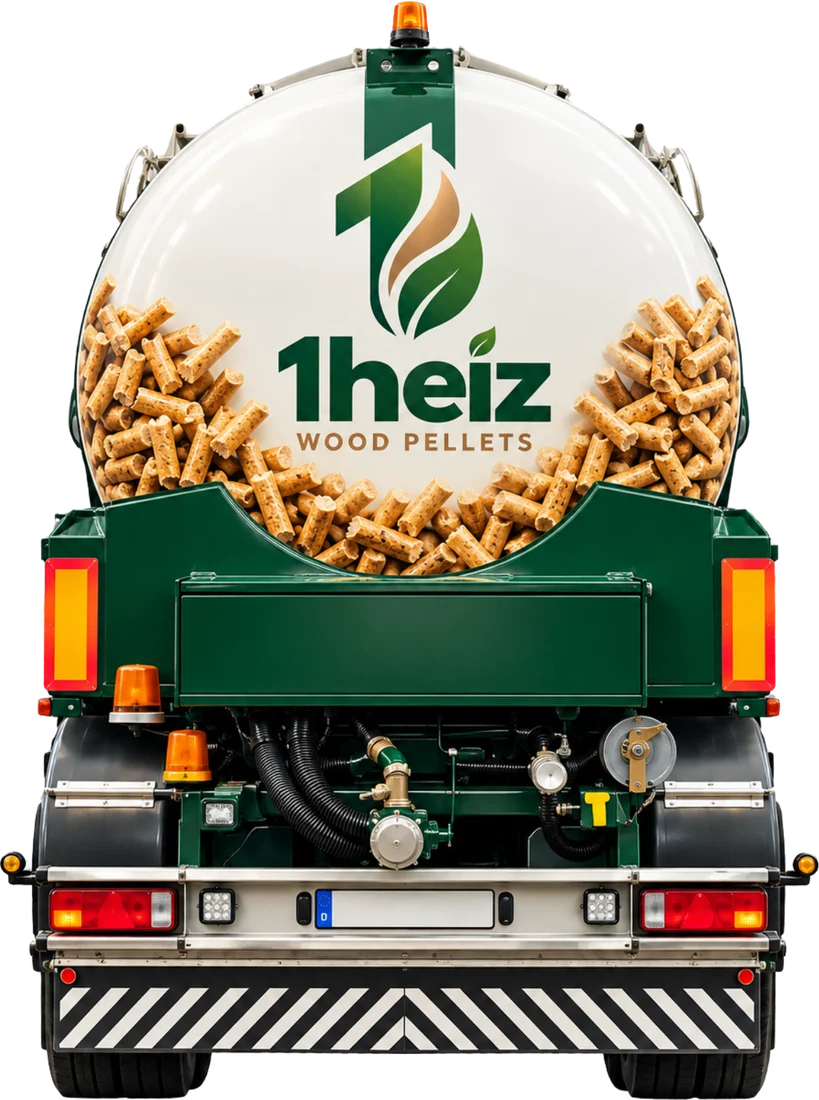 Rear view of a bulk pellet delivery truck in 1heiz Wood Pellets livery