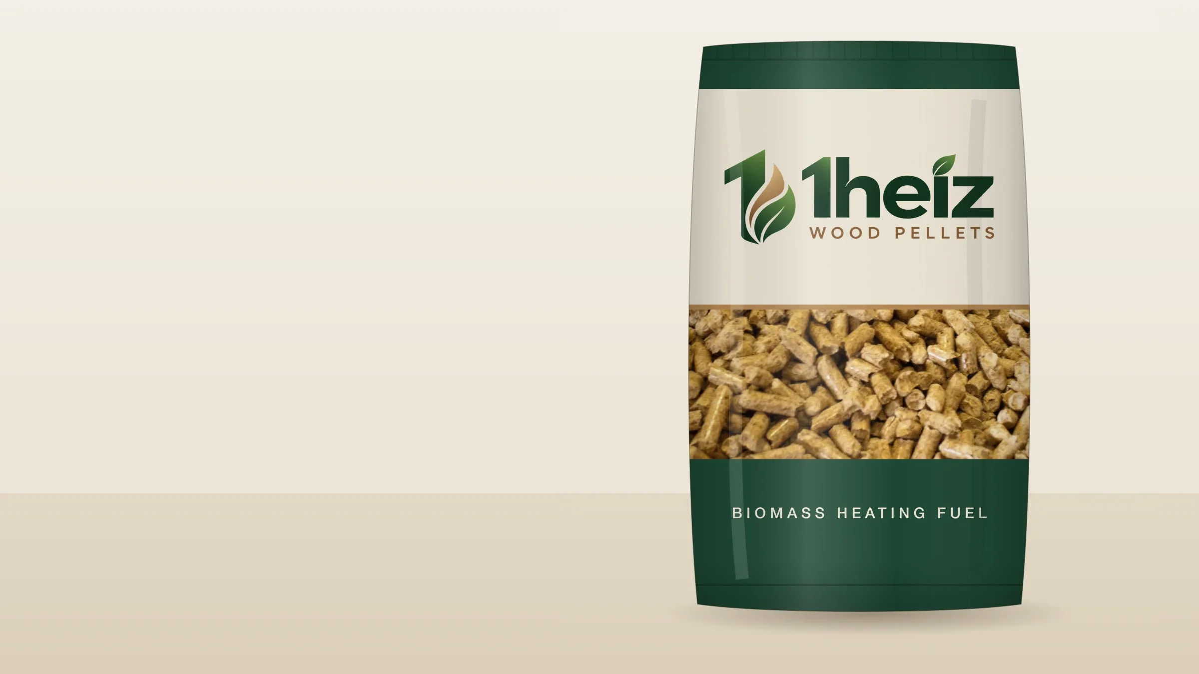 Concept mockup of a 1heiz Wood Pellets bag on a warm cream backdrop
