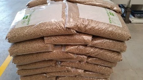 Bags of EN plus-A1 wood pellets stacked on a pallet