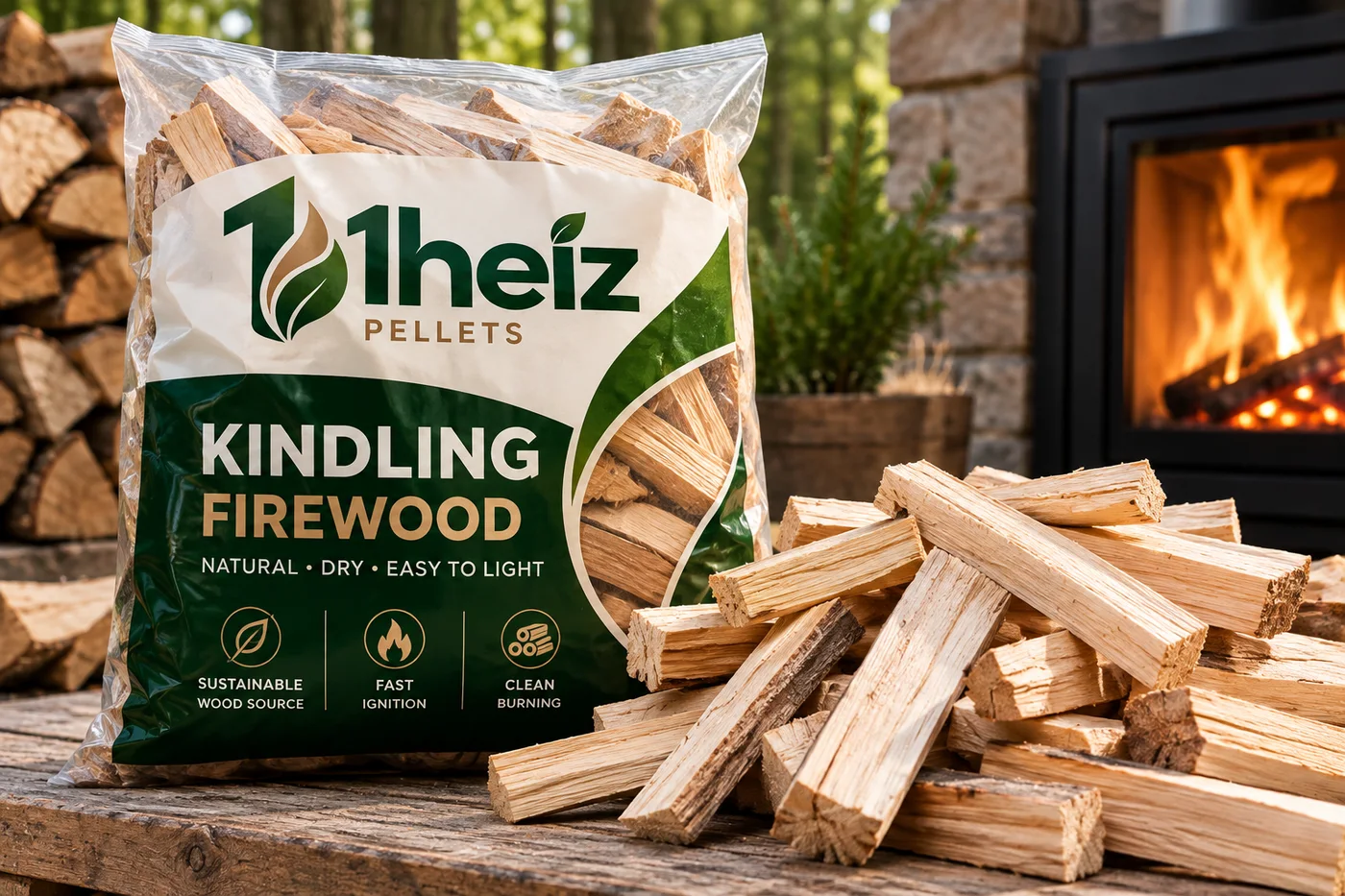 1heiz kindling firewood bag beside a pile of split kindling
