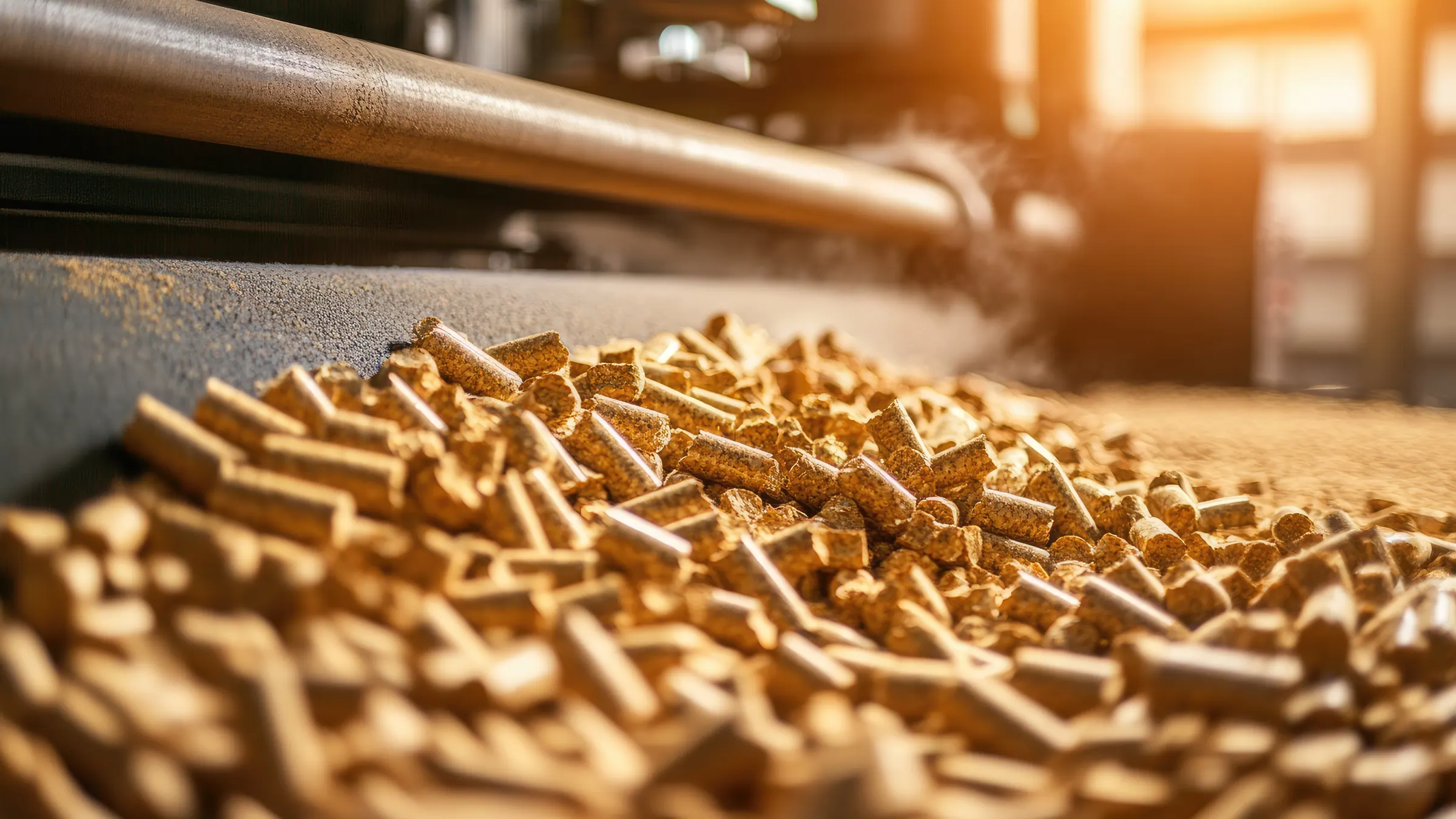 Light-brown wood pellets heaped in warm daylight