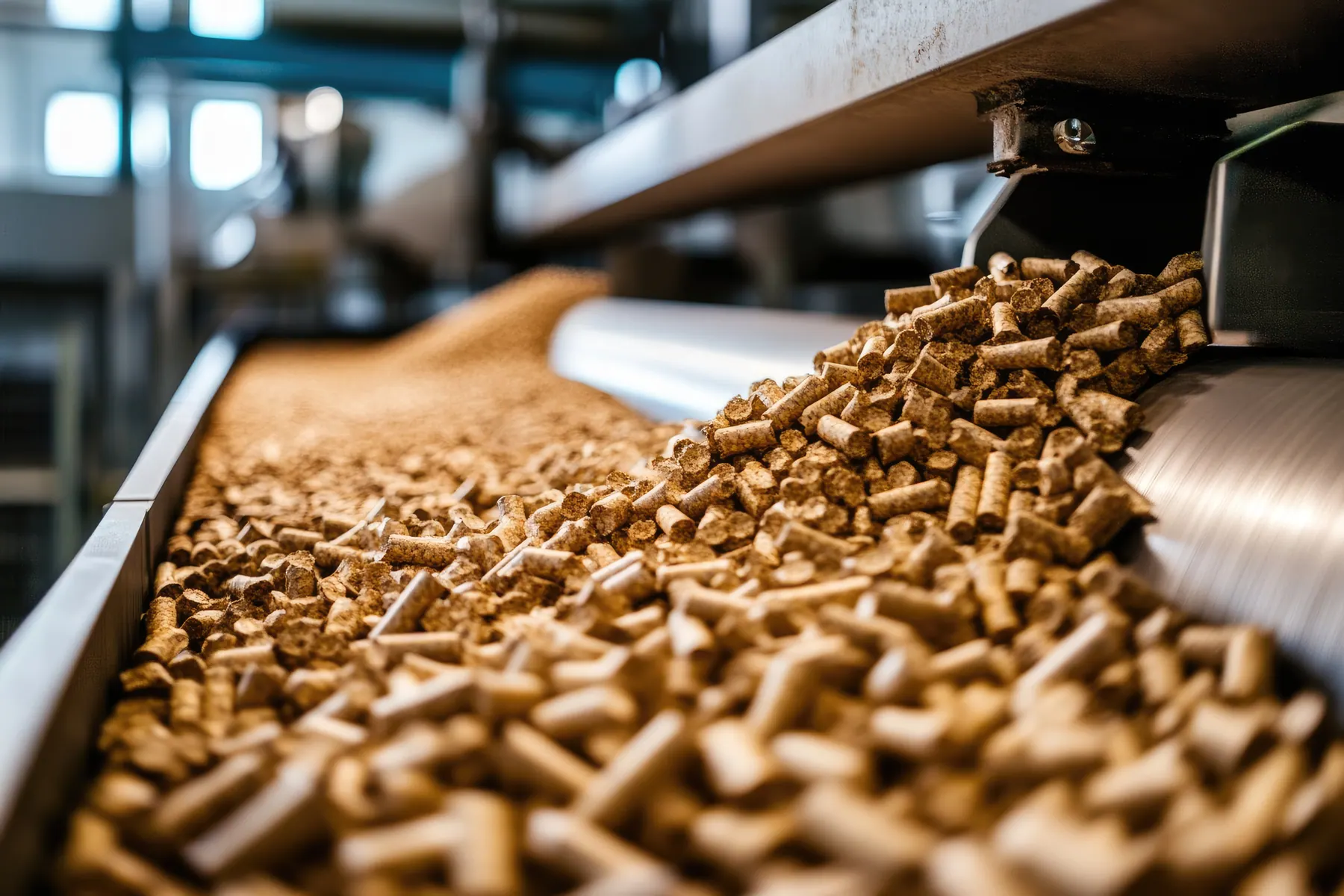 Wood pellets moving along a conveyor in a pellet plant